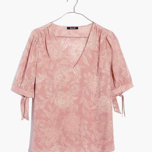 Madewell Silk V-Neck Tie-Sleeve Top in Pindot Blooms